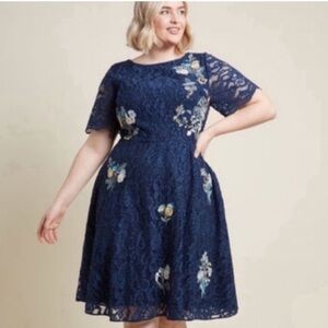 Modcloth Lace Embroidered Beaded Floral Dress Size 1X Shortsleeve Blue